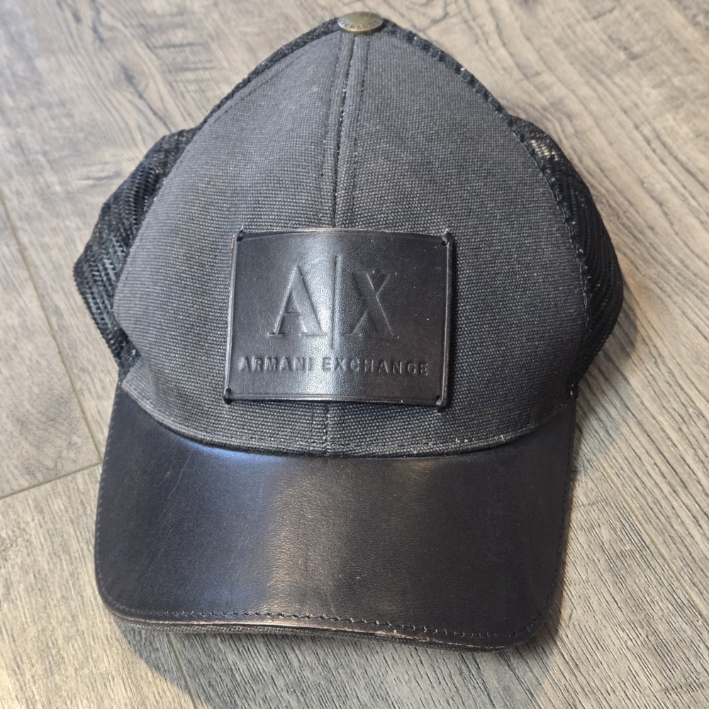 Armani Exchange Hat Cap Black Mesh Trucker Leather Patch And Bill Adjustable